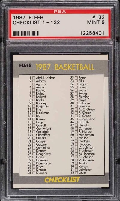 1987 Fleer Basketball Checklist 1-132 #132 PSA 9 MINT