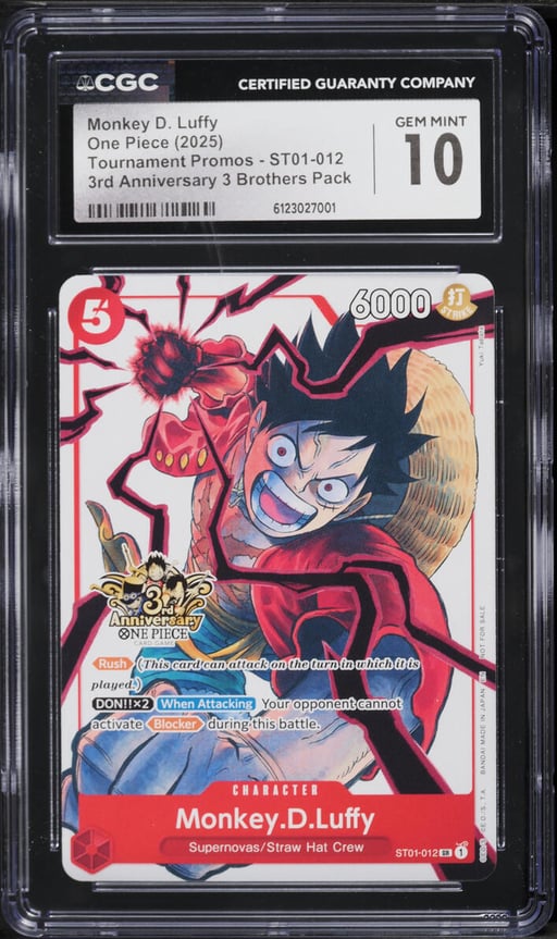2025 One Piece Promo 3rd Anniversary 3 Brothers Pack SR Monkey D. Luffy #ST01-012 CGC 10 GEM MINT