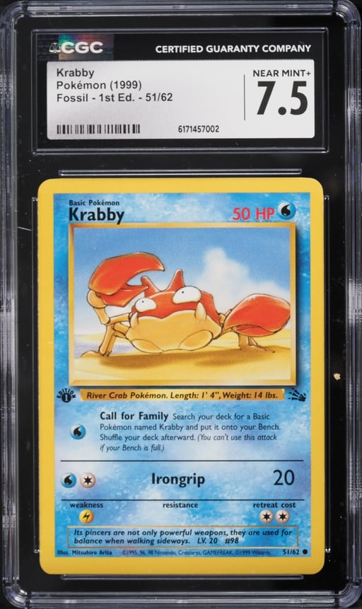 1999 Pokemon Fossil 1st Edition Krabby #51 CGC 7.5 NRMT+