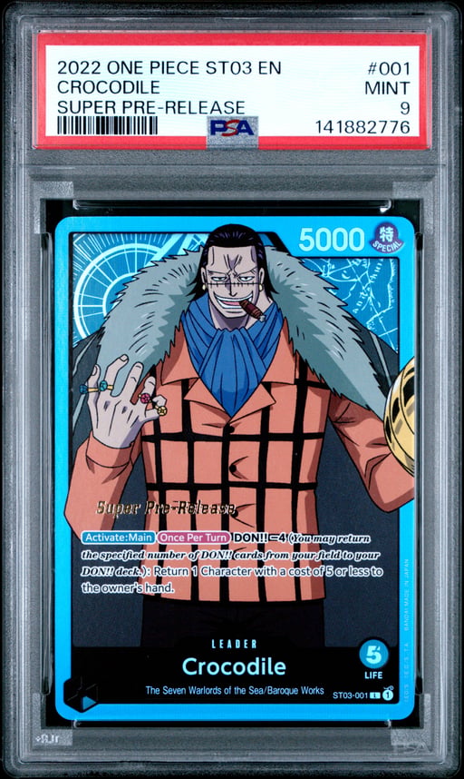 2022 ONE PIECE STARTER DECK ST03-THE SEVEN WARLORDS OF THE SEA 001 CROCODILE SUPER PRE-RELEASE PSA 9