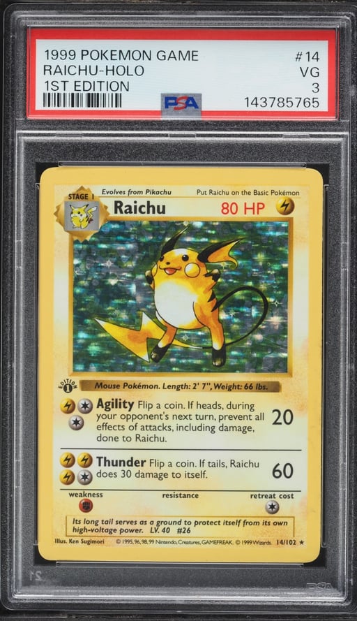 1999 Pokemon Base Set Shadowless 1st Edition Holo Raichu #14 PSA 3 VG