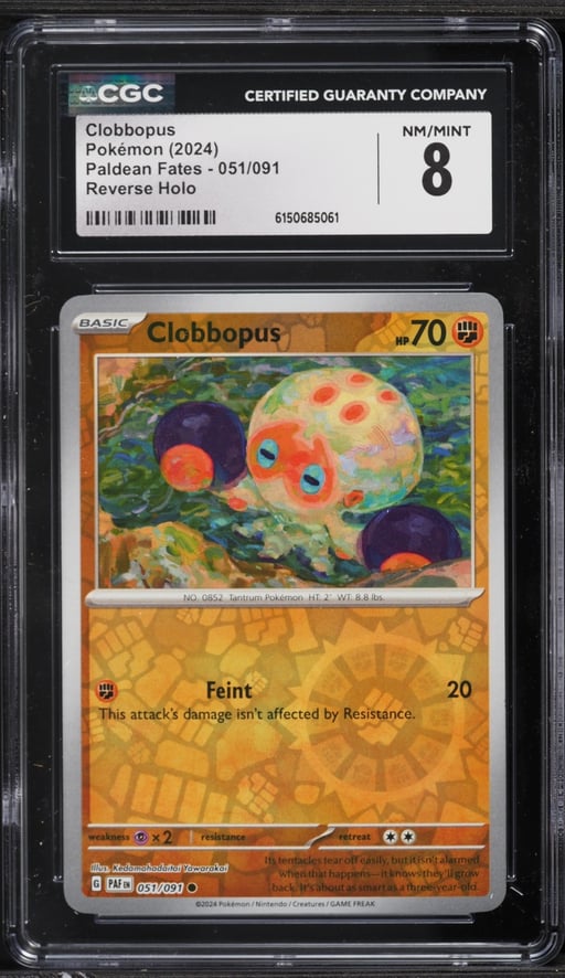 2024 Pokemon Scarlet & Violet Paldean Fates Reverse Holo Clobbopus #051 CGC 8 NM-MT