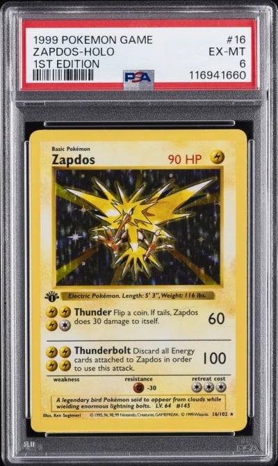 1999 POKEMON BASE SET 1ST EDITION #16 ZAPDOS-HOLO PSA 6