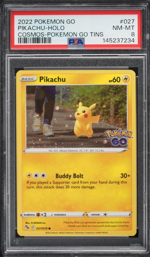 2022 Pokemon Sword & Shield GO Tins Cosmos Holo Pikachu #27 PSA 8 NM-MT