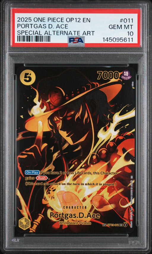 2025 ONE PIECE OP12-LEGACY OF THE MASTER 011 PORTGAS D. ACE SPECIAL ALTERNATE ART PSA 10