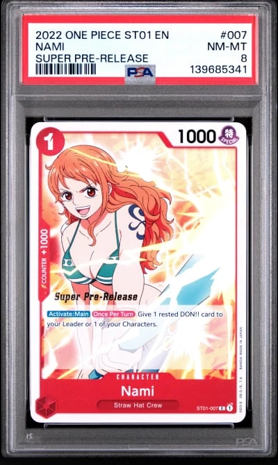 2022 ONE PIECE STARTER DECK ST01-STRAW HAT CREW 007 NAMI SUPER PRE-RELEASE PSA 8