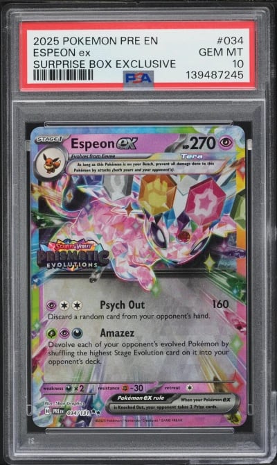 2025 Pokemon SV Prismatic Evolutions Surprise Box Holo Espeon EX #34 PSA 10 GEM MINT