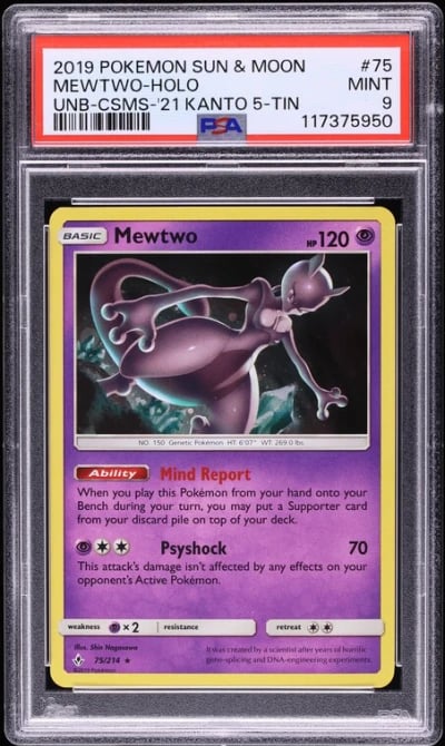2019 Pokemon Sun & Moon Unbroken Bonds Cosmos Holo Mewtwo #75 PSA 9 MINT