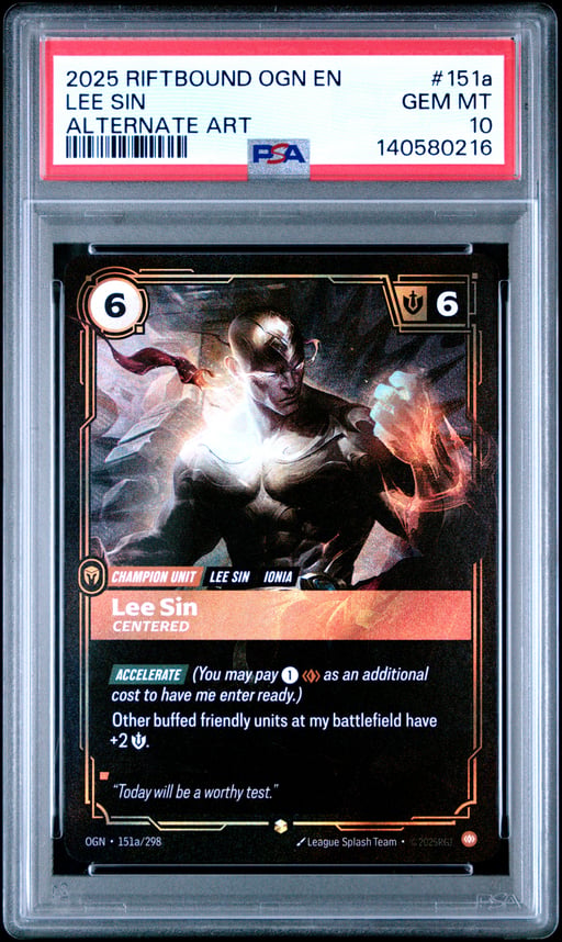 2025 RIFTBOUND: LEAGUE OF LEGENDS OGN-ORIGINS 151a LEE SIN - CENTERED ALTERNATE ART PSA 10