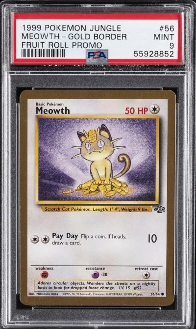 1999 POKEMON JUNGLE PROMO FRUIT ROLL PROMO #56 MEOWTH-GOLD BORDER PSA 9