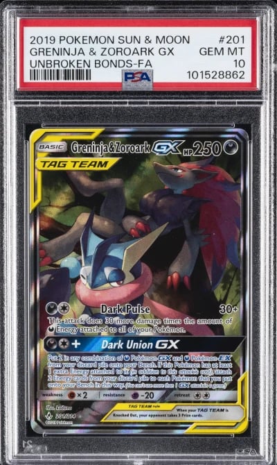 2019 POKEMON SUN & MOON UNBROKEN BONDS FULL ART/GRENINJA & ZOROARK GX PSA 10