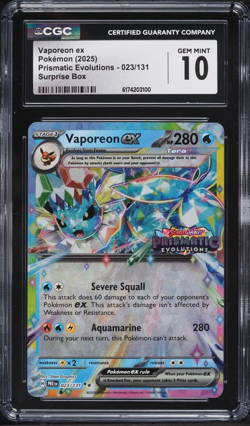 2025 Pokemon Scarlet & Violet Prismatic Evolutions Surprise Box Holo Vaporeon EX #23 CGC 10