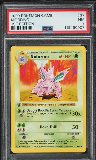 1999 Pokemon Base Set Shadowless 1st Edition Nidorino #37 PSA 7 NRMT