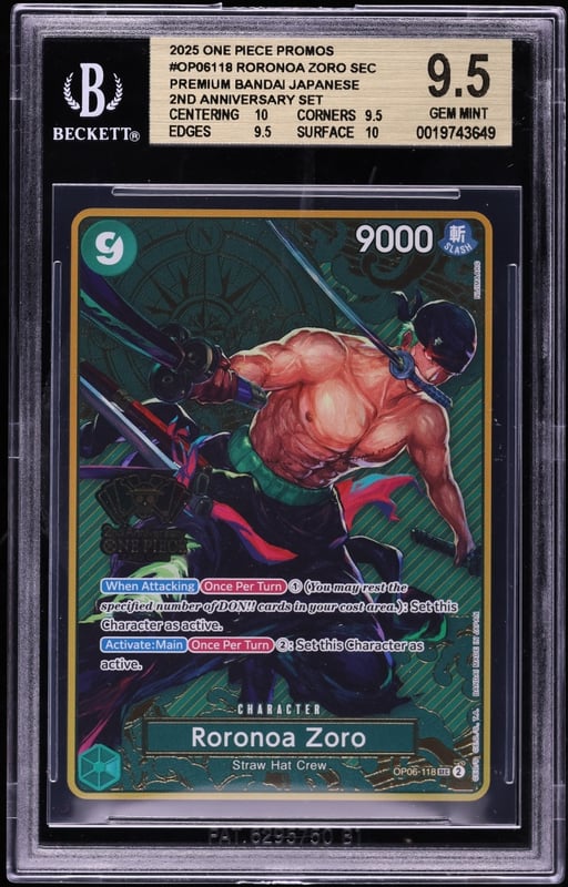 2025 One Piece Promo 2nd Anniversary Set SEC Roronoa Zoro #OP06-118 BGS 9.5 GEM MINT