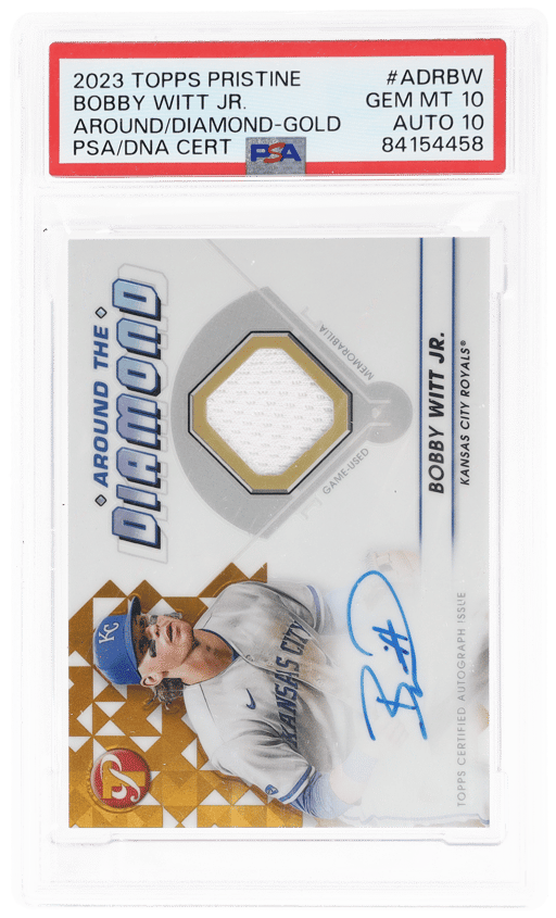 2023 Topps Pristine Around the Diamond Autograph Relic Gold Refractor Bobby Witt Jr. #ADRBW 32/50 PSA 10