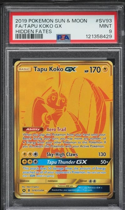 2019 Pokemon Sun & Moon Hidden Fates Hyper Rare Tapu Koko GX #SV93 PSA 9 MINT