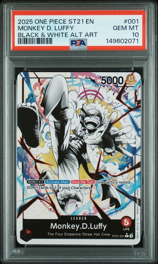 2025 ONE PIECE STARTER DECK ST21-EX GEAR 5 001 MONKEY D. LUFFY BLACK & WHITE ALTERNATE ART PSA 10