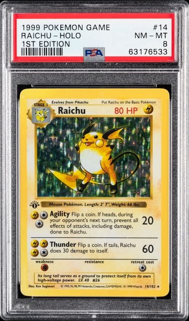 1999 POKEMON GAME #14 RAICHU-HOLO 1ST EDITION PSA 8