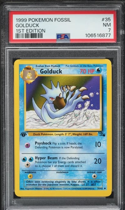 1999 Pokemon Fossil 1st Edition Golduck #35 PSA 7 NRMT