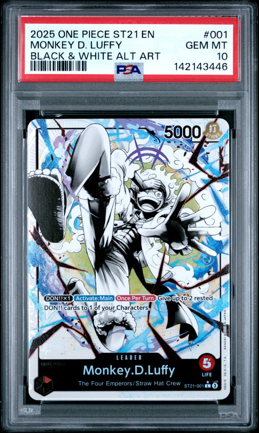 2025 ONE PIECE STARTER DECK ST21-EX GEAR 5 001 MONKEY D. LUFFY BLACK & WHITE ALTERNATE ART PSA 10