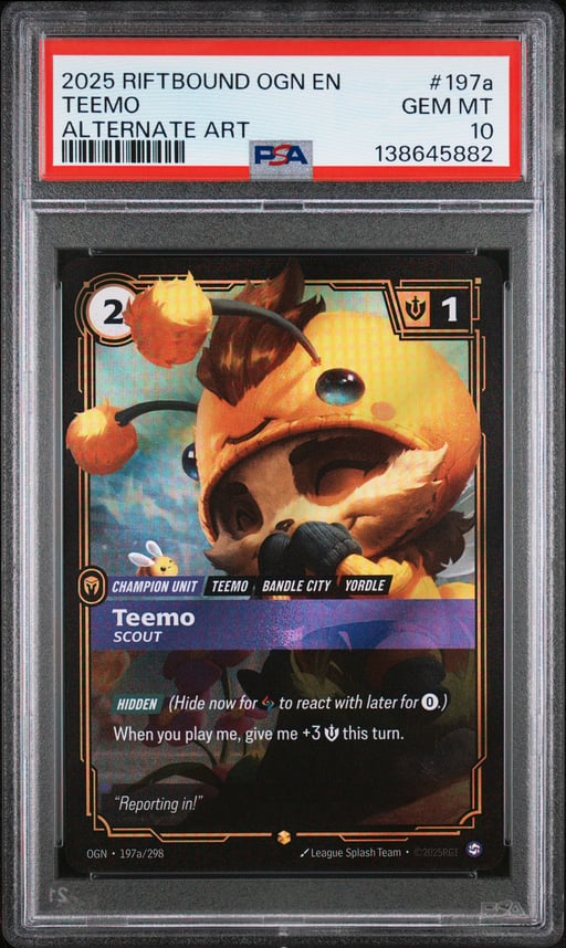 2025 RIFTBOUND: LEAGUE OF LEGENDS OGN-ORIGINS 197a TEEMO - SCOUT ALTERNATE ART PSA 10