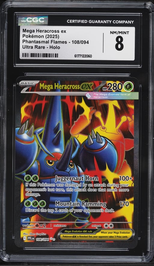 2025 Pokemon Mega Evolution Phantasmal Flames Full Art Mega Heracross Ex #108 CGC 8 NM-MT