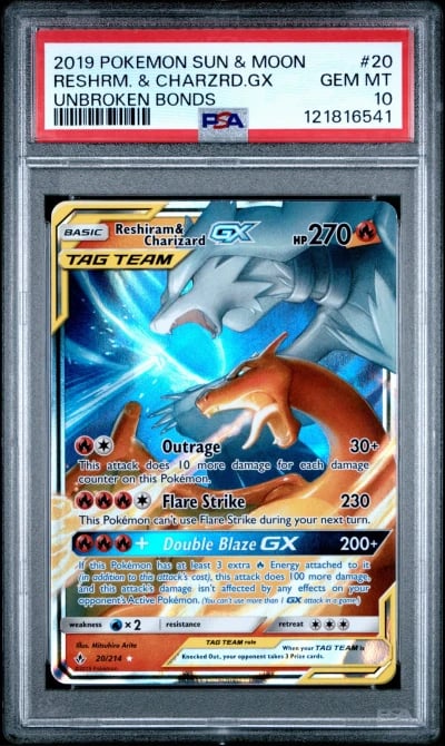 2019 POKEMON SUN & MOON UNBROKEN BONDS #20 RESHIRAM & CHARIZARD GX PSA 10