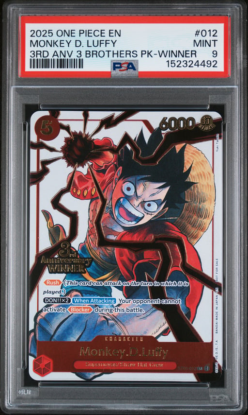 2025 ONE PIECE 3RD ANNIVERSARY TOURNAMENT 3 BROTHERS PACK 012 MONKEY D. LUFFY WINNER PSA 9