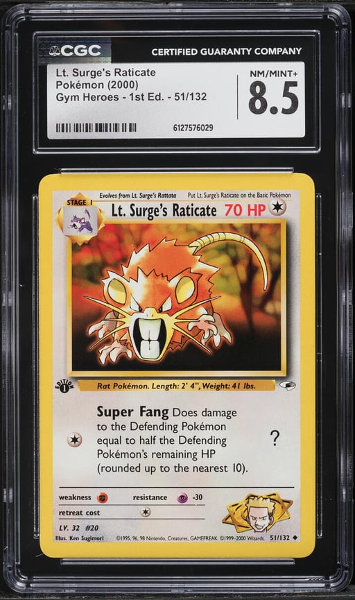 2000 Pokemon Gym Heroes 1st Edition Lt. Surge's Raticate #51 CGC 8.5 NM-MT+