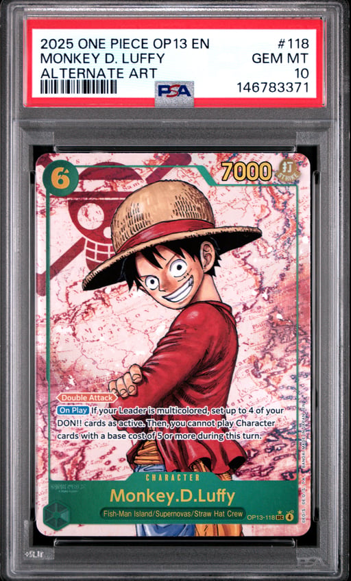 2025 ONE PIECE OP13-CARRYING ON HIS WILL 118 MONKEY D. LUFFY ALTERNATE ART PSA 10