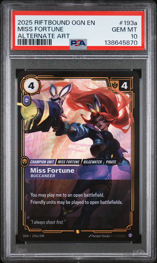 2025 RIFTBOUND: LEAGUE OF LEGENDS OGN-ORIGINS 193a MISS FORTUNE - BUCCANEER ALTERNATE ART PSA 10