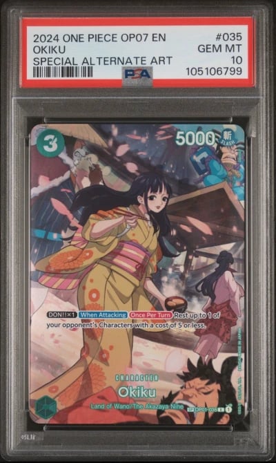 2024 ONE PIECE OP07-500 YEARS IN THE FUTURE SPECIAL ALTERNATE ART OKIKU PSA 10