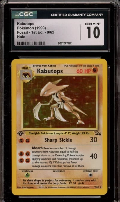 Pokemon Kabutops Fossil 1st Edition Holo Rare #9 CGC 10 Gem Mint