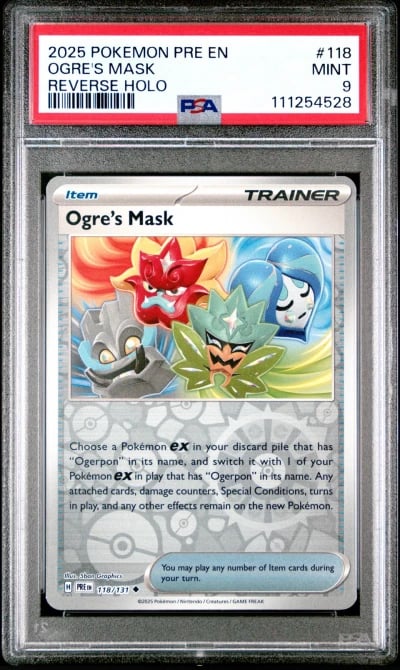 2025 POKEMON PRE EN-PRISMATIC EVOLUTIONS REVERSE HOLO #118 OGRE'S MASK PSA 9