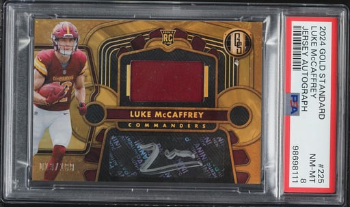 2024 Panini Gold Standard Luke McCaffrey ROOKIE PATCH AUTO /199 #225 PSA 8 NM-MT