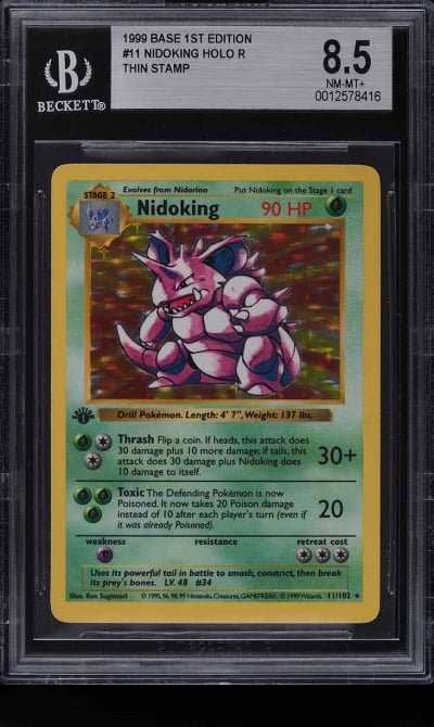 1999 Pokemon Base Set Shadowless 1st Ed. Thin Stamp Holo Nidoking #11 BGS 8.5