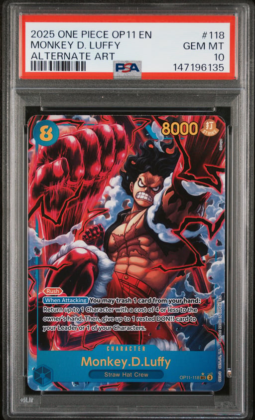 2025 ONE PIECE OP11-A FIST OF DIVINE SPEED 118 MONKEY D. LUFFY ALTERNATE ART PSA 10