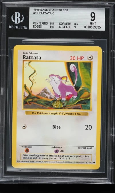 1999 Pokemon Base Set Shadowless Rattata #61 BGS 9 MINT