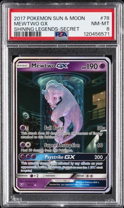 2017 POKEMON SUN & MOON SHINING LEGENDS SECRET #78 MEWTWO GX PSA 8