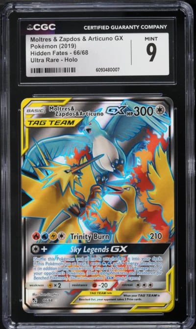 2019 Pokemon Sun & Moon Hidden Fates Full Art Moltres Zapdos Articuno GX #66 CGC 9 MINT