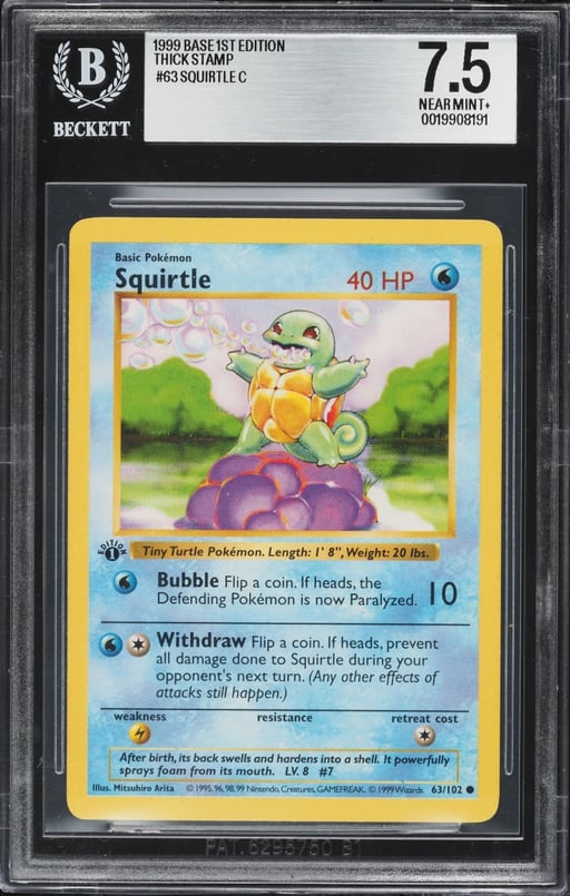 1999 Pokemon Base Set Shadowless 1st Edition Thick Stamp Squirtle #63 BGS 7.5 NRMT+