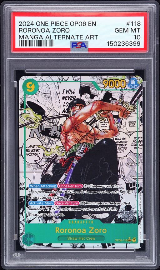 2024 ONE PIECE OP06-WINGS OF THE CAPTAIN 118 RORONOA ZORO MANGA ALTERNATE ART PSA 10