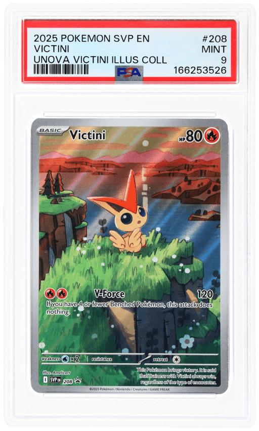 2025 Pokemon Scarlet and Violet Black Star Promo Unova Illustration Collection Victini #208 PSA 9
