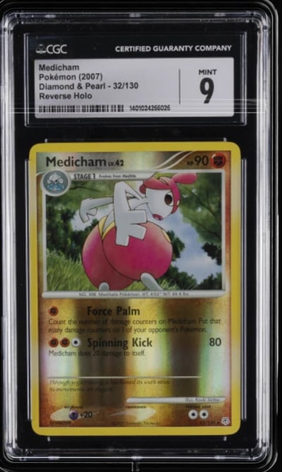 2007 POKEMON DIAMOND & PEARL #32 MEDICHAM-REVERSE FOIL CGC 9