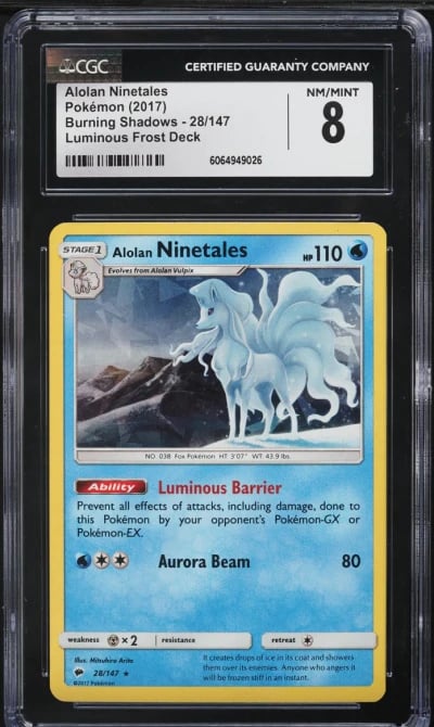 2017 Pokemon SM Burning Shadows Luminous Frost Alolan Ninetales #28 CGC 8 NM-MT