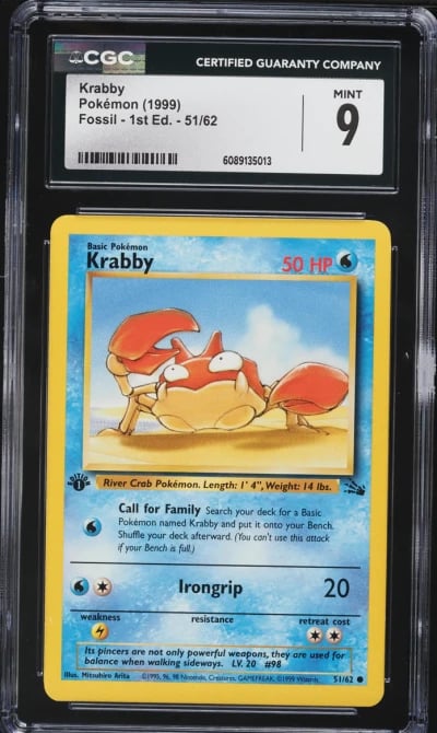 1999 Pokemon Fossil 1st Edition Krabby #51 CGC 9 MINT