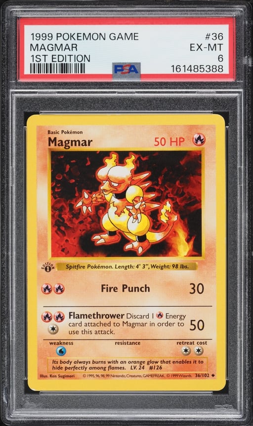1999 Pokemon Base Set Shadowless 1st Edition Magmar #36 PSA 6 EXMT