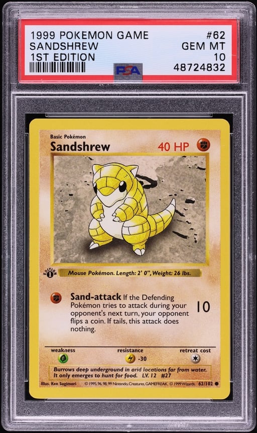 1999 Pokemon Base Set Shadowless 1st Edition Sandshrew #62 PSA 10 GEM MINT