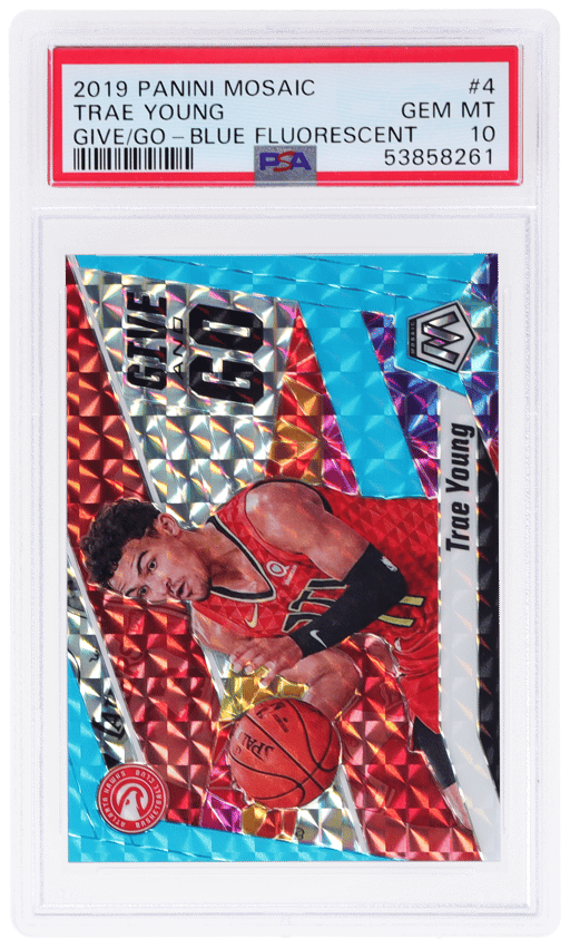 2019 Panini Mosaic Give and Go Mosaic Blue Fluorescent Trae Young #4 13/15 PSA 10