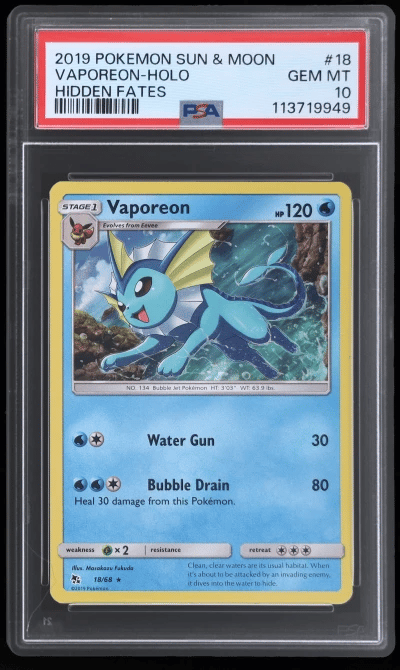 2019 Pokemon Sun and Moon Hidden Fates Holo Vaporeon #18 PSA 10